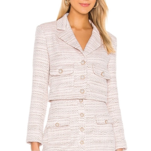 NWT REVOLVE X SONG OF STYLE Pastel Tweed Pearl Button Structured Crop Blazer XXL - Picture 6 of 9